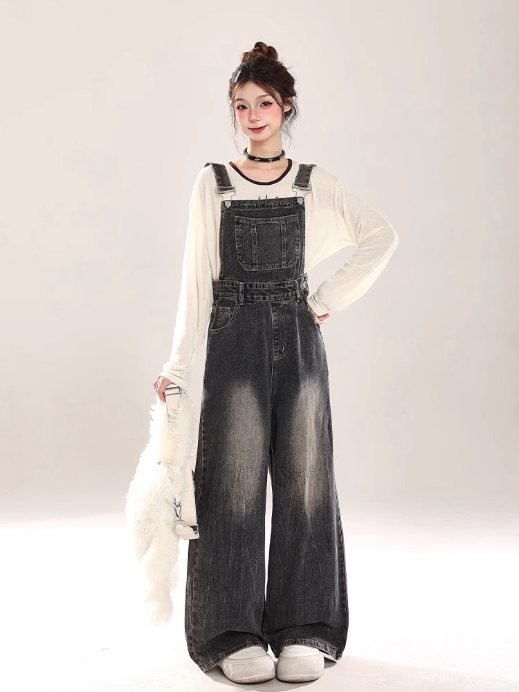 Homemade retro old denim overalls for women in spring 2025 new loose wide-leg straight jumpsuit