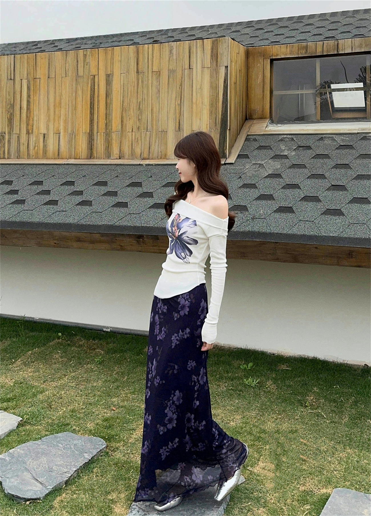 Real shot~Retro versatile temperament One-shoulder long-sleeved top irregular fishtail skirt A-line long skirt suit