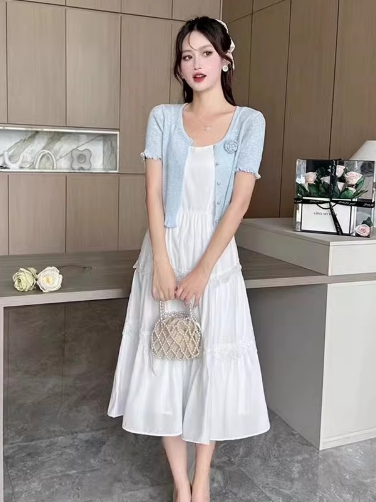 法式甜美溫柔風蕾絲邊白色吊帶連衣裙女早秋新款外搭短袖開衫套裝