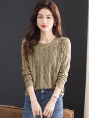 條紋鏤空針織衫上衣女春秋新款超好看短款小個子毛衣薄款打底衫