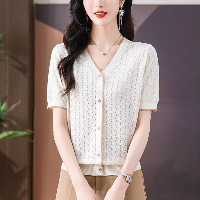 2025夏季新款假針織開衫女外穿冰絲短款短袖T恤上衣薄款v領針織衫