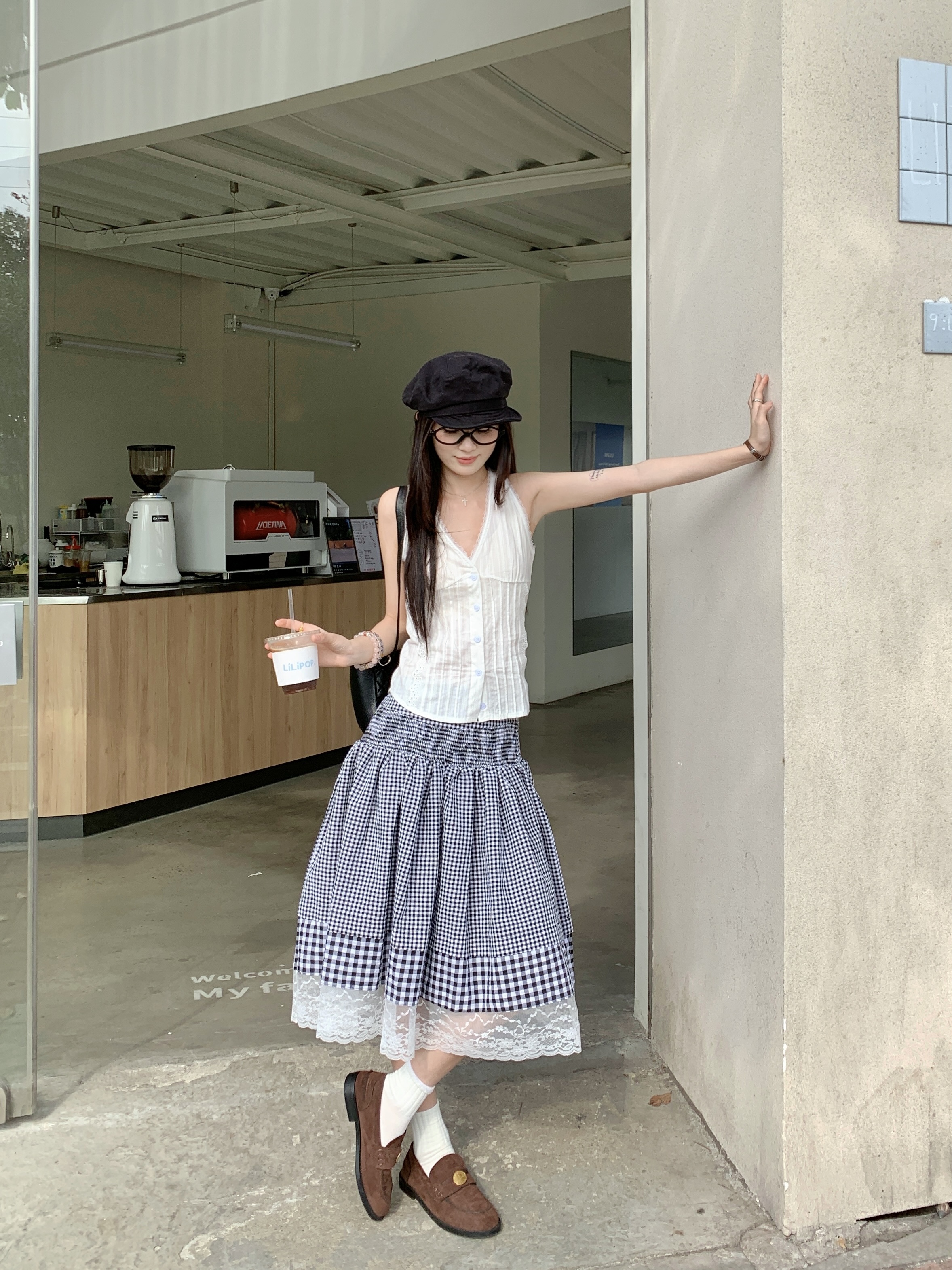 Real shot~Sweet and literary lace lace high waist A-line plaid skirt sleeveless French top set