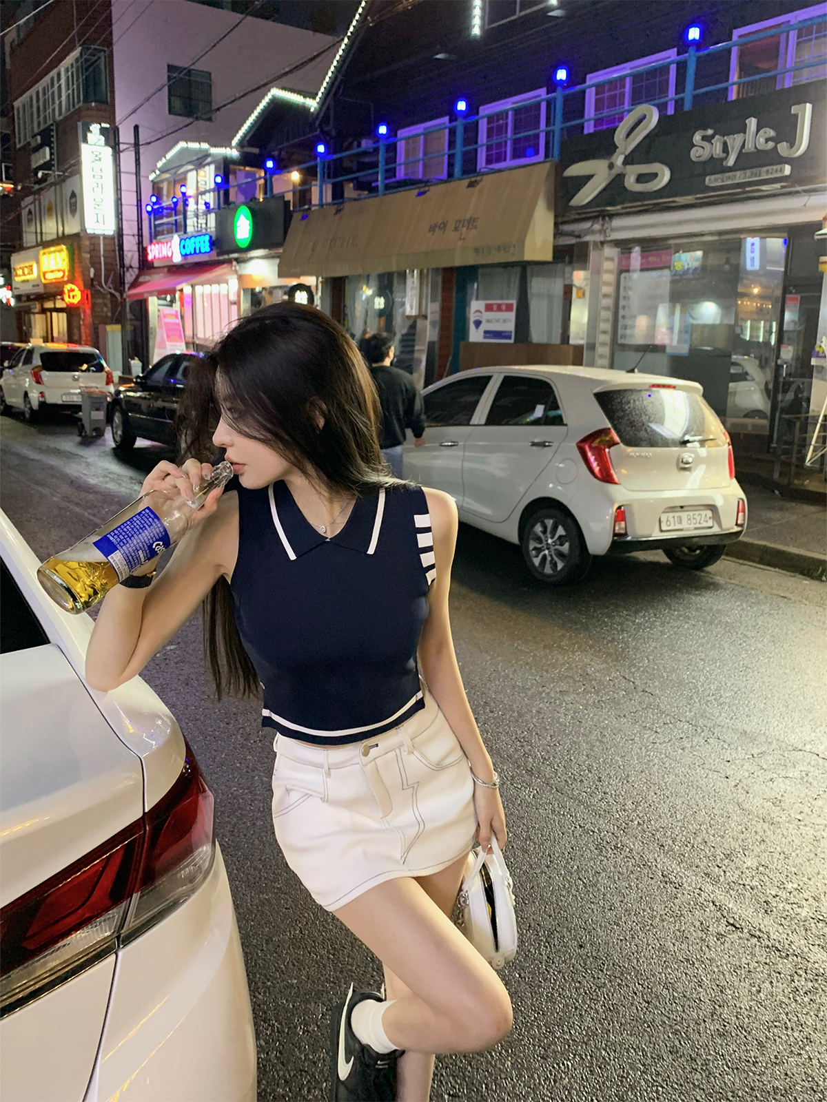 已出貨 polo領撞色織帶背心女復古學院風休閒設計感無袖上衣