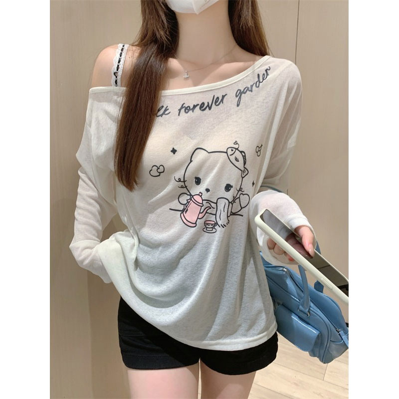 Original fabric cartoon printed long-sleeved off-shoulder T-shirt for women's new summer one-shoulder hot girl top