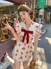 Wine-stained cherry bow small flying sleeve dress sweet style waist-hugging and slimming design sweet and spicy printed short skirt
