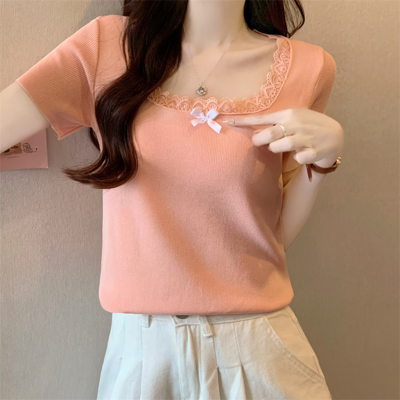 Real-life wholesale price 2025 summer new style bow lace splicing square collar slim versatile top for women