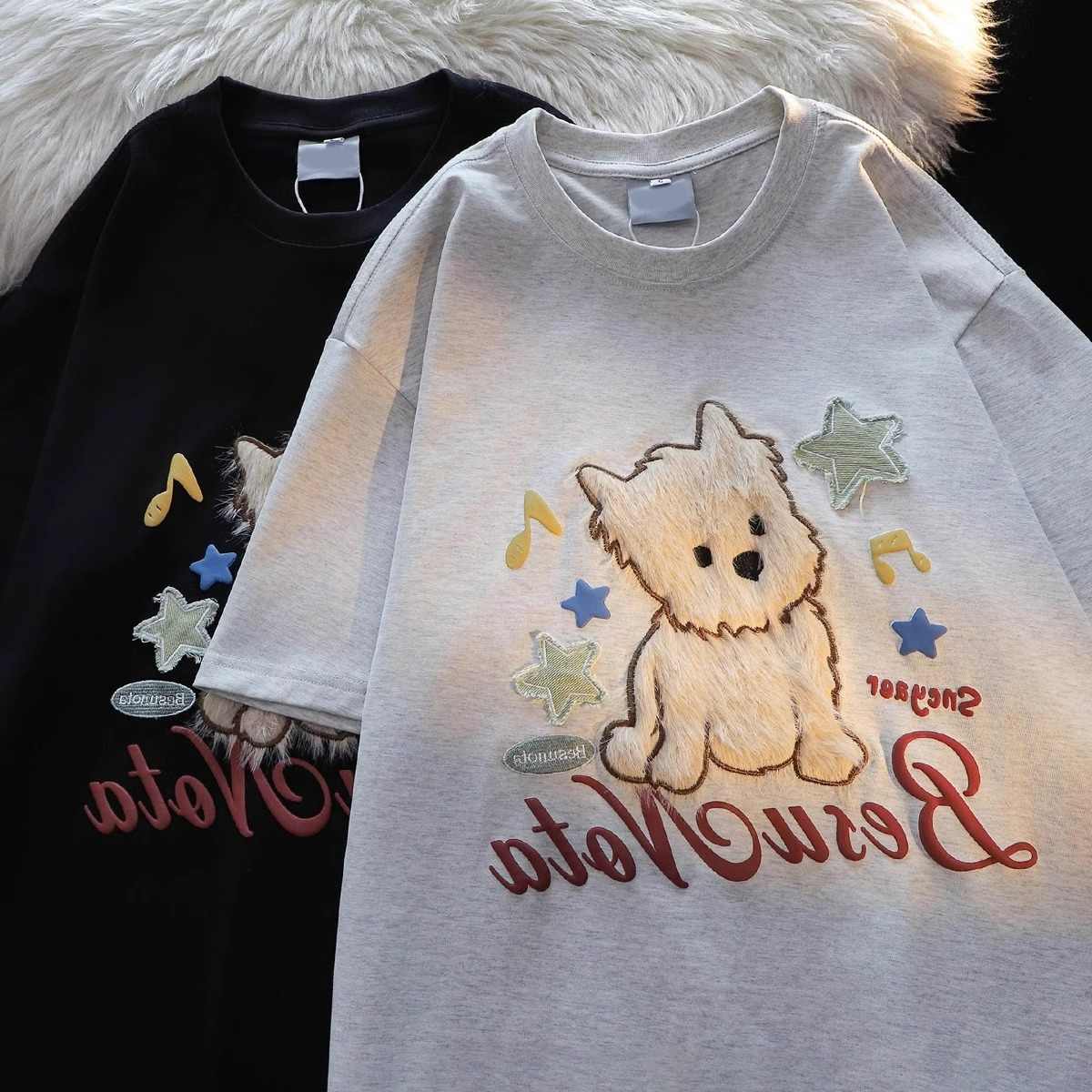 Plush embroidered puppy cotton short-sleeved T-shirt for men and women in summer loose Korean cute lazy style ins half-sleeved top