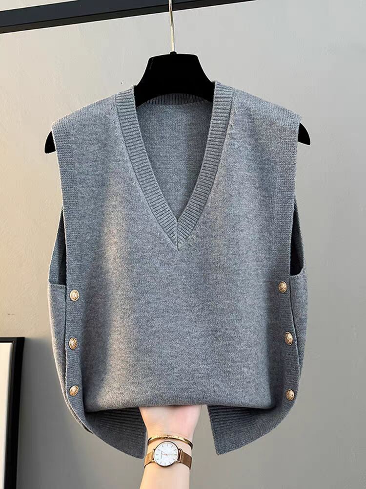 Women's 2025 new spring and autumn loose knitted vest V-neck sweater jacket vest horse clip