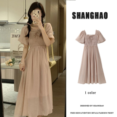 Coffee break French first love Platycodon retro gentle temperament high-end puff sleeve pink dress for women in summer