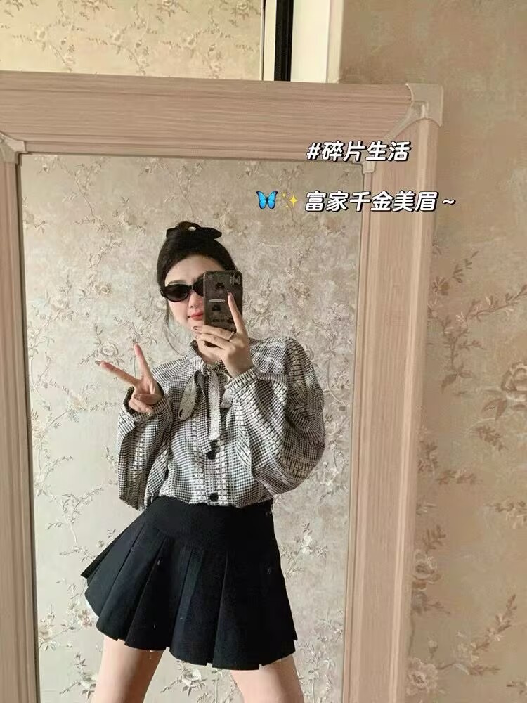 High-end long-sleeved top with bow loose plaid shirt + high-waisted lace pleated skirt pants