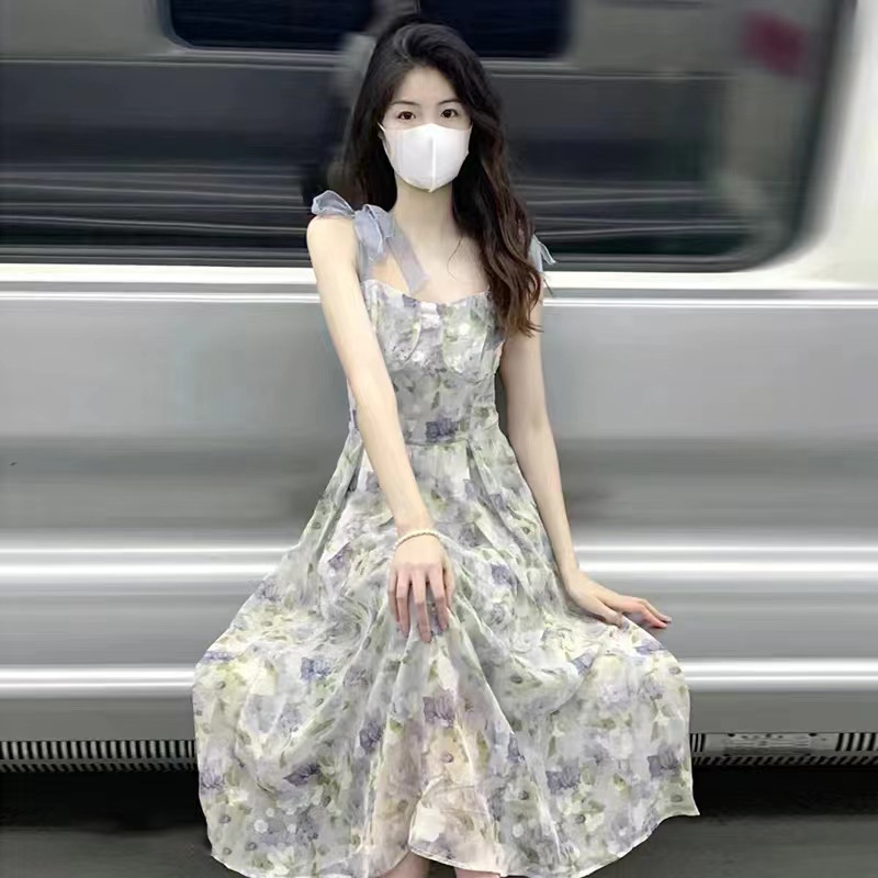Sling dress French niche oil painting style fairy super fairy forest tea break first love waist skirt floral long skirt
