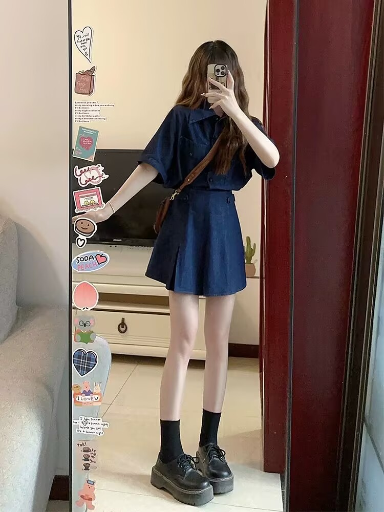 Women's 2025 new summer denim polo collar shirt high waist skirt two-piece set