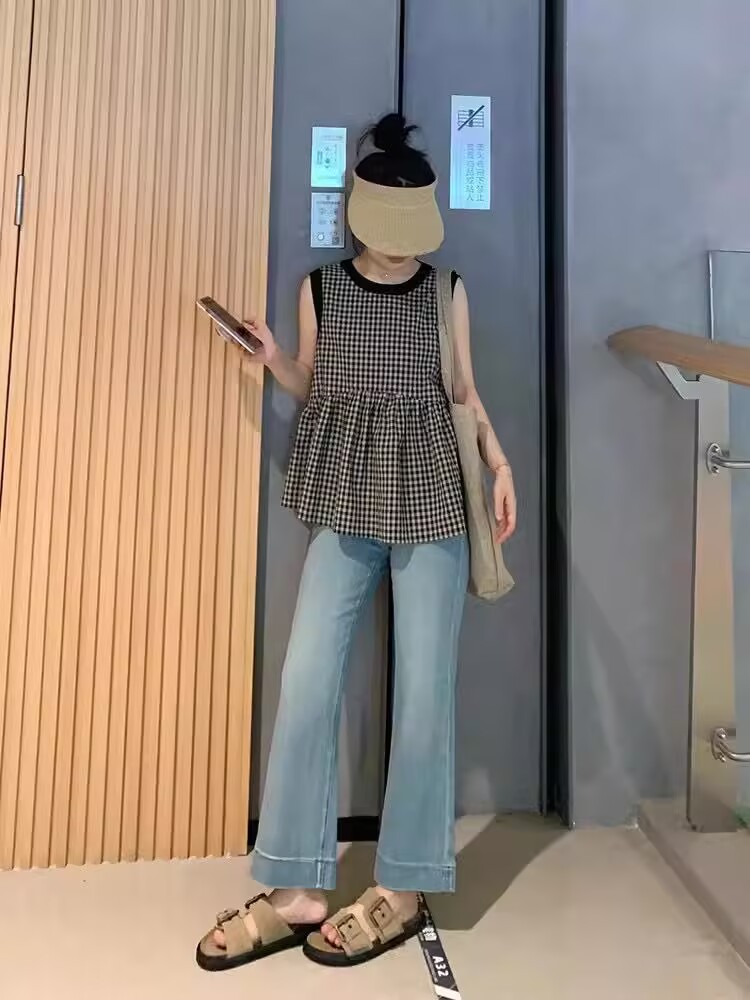 Plaid sleeveless vest shirt this year's popular French high-end unique beautiful shirt top for women's summer