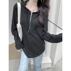 Real photo of Huamian Compound 2025 Spring Wear Sweatshirt Women's Niche Design Semi-zipper Hoodie Loose