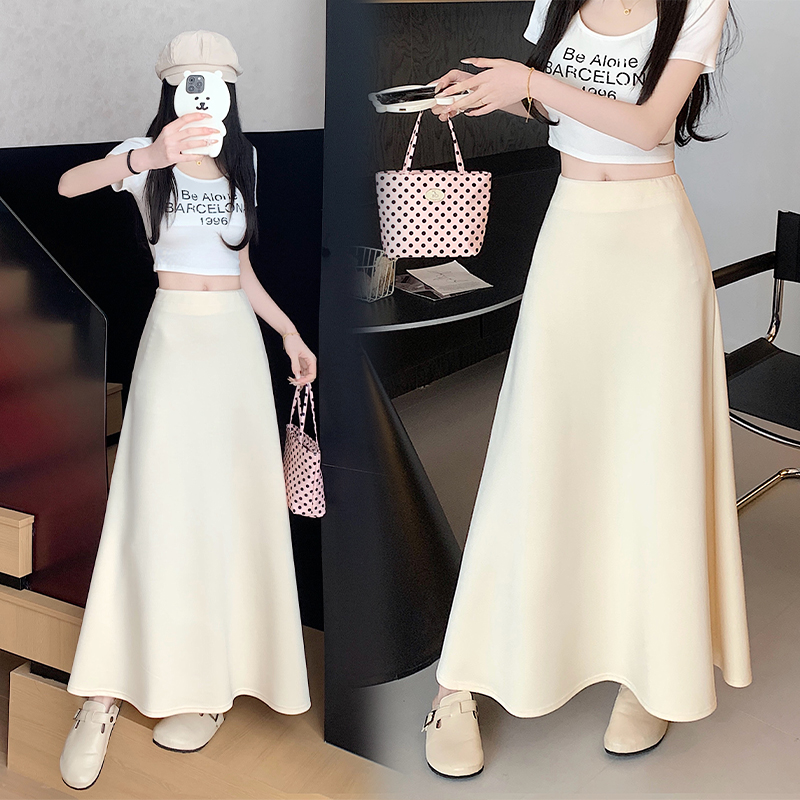 Real shot of spring and summer Korean high-waisted versatile A-line umbrella skirt large hem skirt simple drooping long skirt