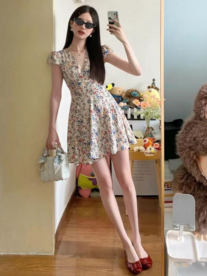 Liberty clothes graceful curved floral skirt French romantic chiffon vacation skirt pure v-neck dress