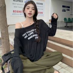 Sunshine velvet letter printed Tennis sunscreen T-shirt for women in autumn loose lazy style versatile long-sleeved top