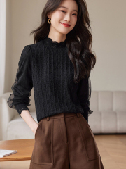 Spring and Autumn new half-high neck long-sleeved mesh spliced ​​hollow base lace high-end versatile slim top