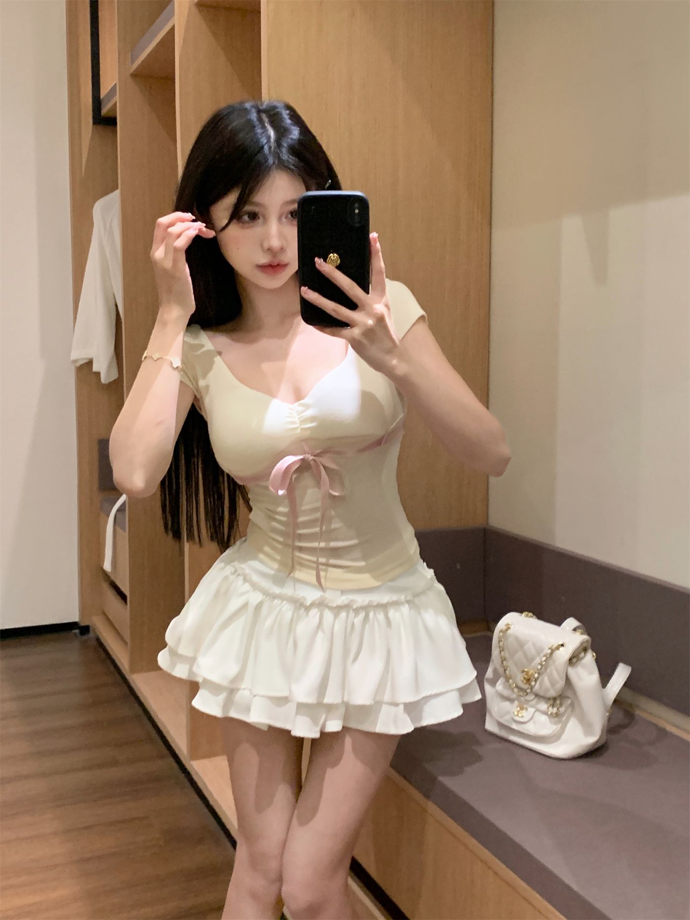Real photos~ Girls' thoughts French bow tie-up top pure temptation T-shirt