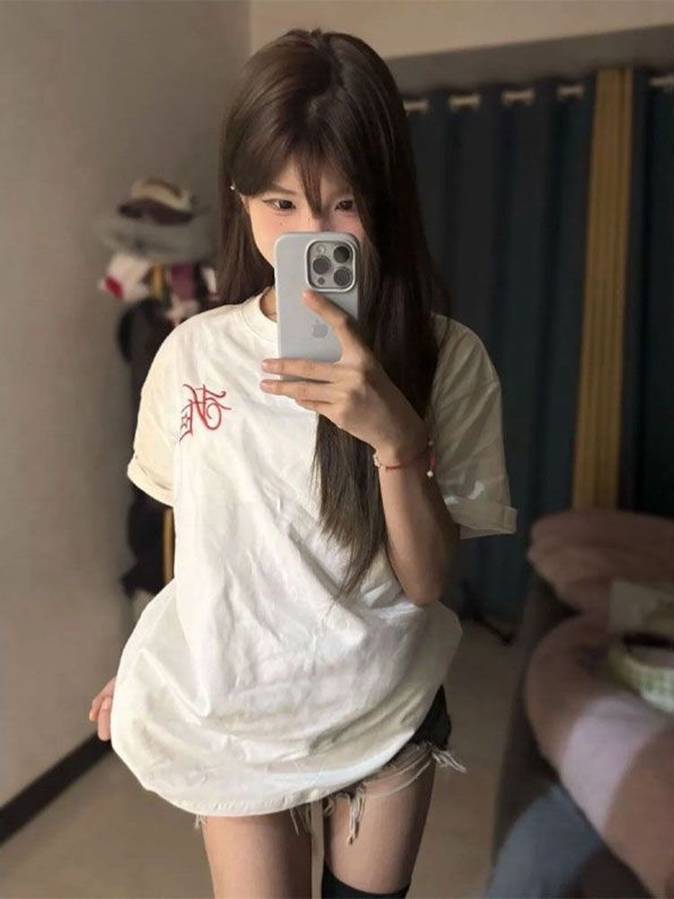Original embroidery 19 230g pure cotton back collar edging short-sleeved T-shirt in summer new loose tops for women