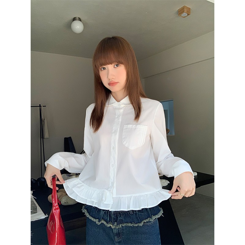 Original workmanship, three-standard, irregular and versatile lace white shirt top women's shirt