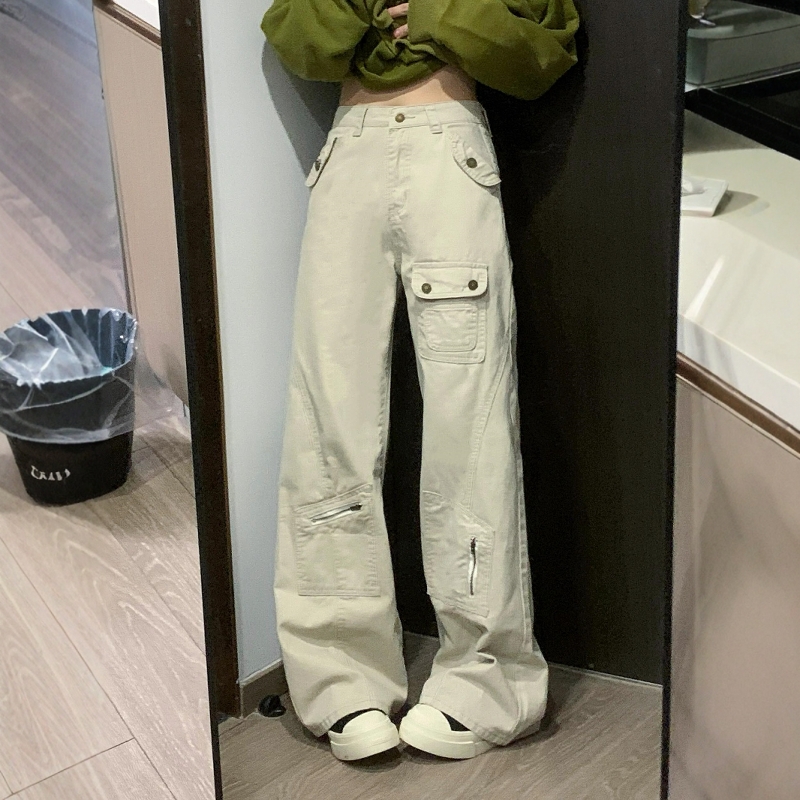 New American style design in autumn and winter, multi-pocket, straight-tight, high-waisted jeans for women, floor-moving work trousers