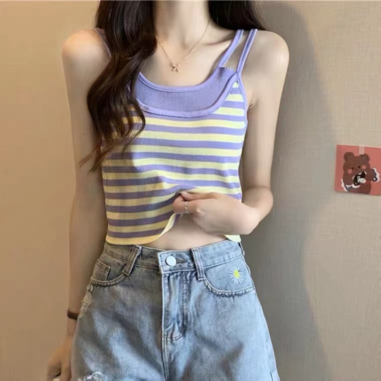 shipped sweet and spicy French-style sexy sleeveless unique two-piece camisole pure desire short-sleeved striped top for women summer