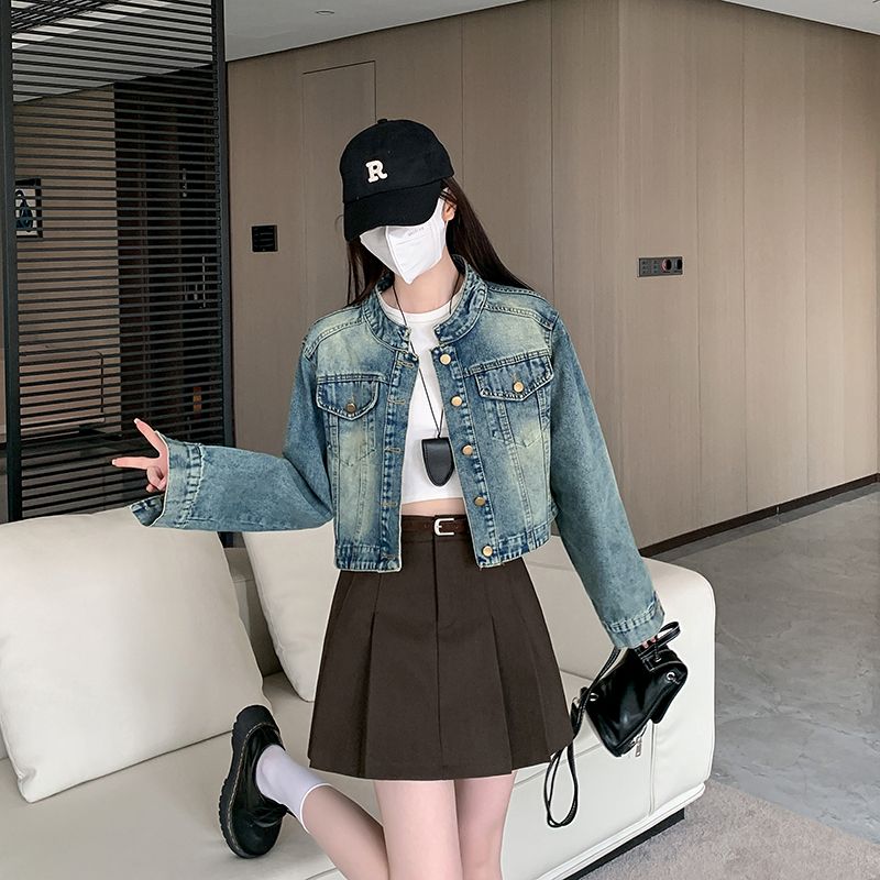 Real shot ~ Hong Kong style retro blue denim jacket for women spring hot girls short jacket cardigan long-sleeved top