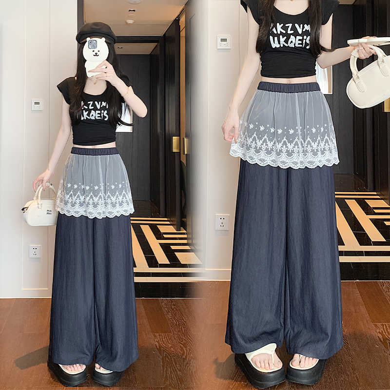 Real shot of spring and summer elastic waist loose straight pants lace spliced ​​butt curtain skirt trousers versatile wide-leg casual pants