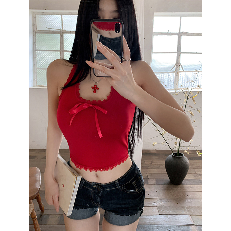 Real shot - hot girl lace spliced ​​bow halter vest for women in summer slim short style with chest pad top