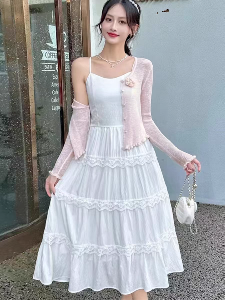 溫柔風白色吊帶連衣裙針織開衫套裝女2025春新款設計感顯瘦套裙