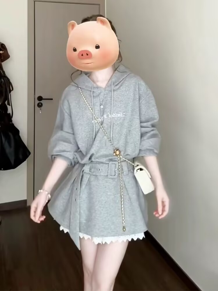 Lazy style gray hooded sweatshirt dress for women Spring French hot girls sweatshirt dress