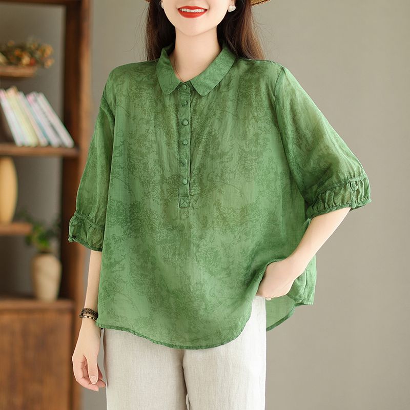 2025 versatile Polo collar top for women's literary ramie printed shirt loose cotton linen casual shirt for women