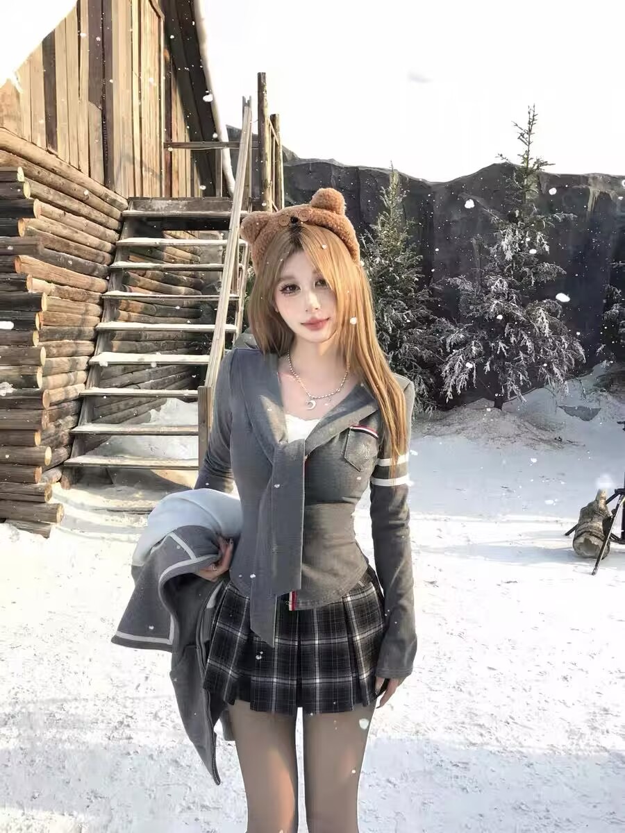 Mejiu Mijiu Seoul Women's High School Autumn Contrasting College Style Top Women's Fake Two-Piece Slim Knitted Sweater