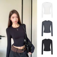 Real shot - basic round neck tight and slim solid color versatile base long-sleeved T-shirt sun protection top