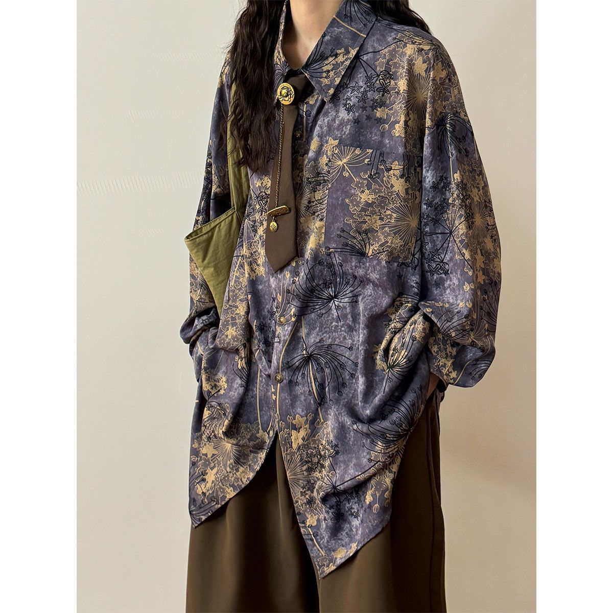 New spring dandelion print purple long-sleeved shirt