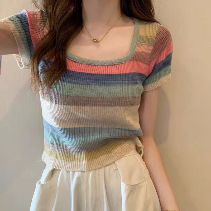 Rainbow striped square neck short-sleeved T-shirt for women in summer new style front shoulder sweater sweet and spicy short top