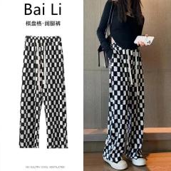 Checkerboard wide-leg pants for women drawstrings for women in autumn new high-waist drop-down casual straight black and white plaid women's pants