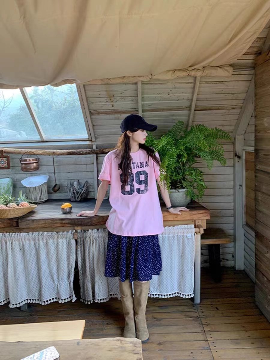 210g pure cotton American style cool digital letter printing short-sleeved T-shirt 2025 casual sports style loose top