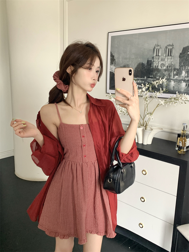 Real photo of lazy style loose thin shirt plaid suspender dress two-piece set