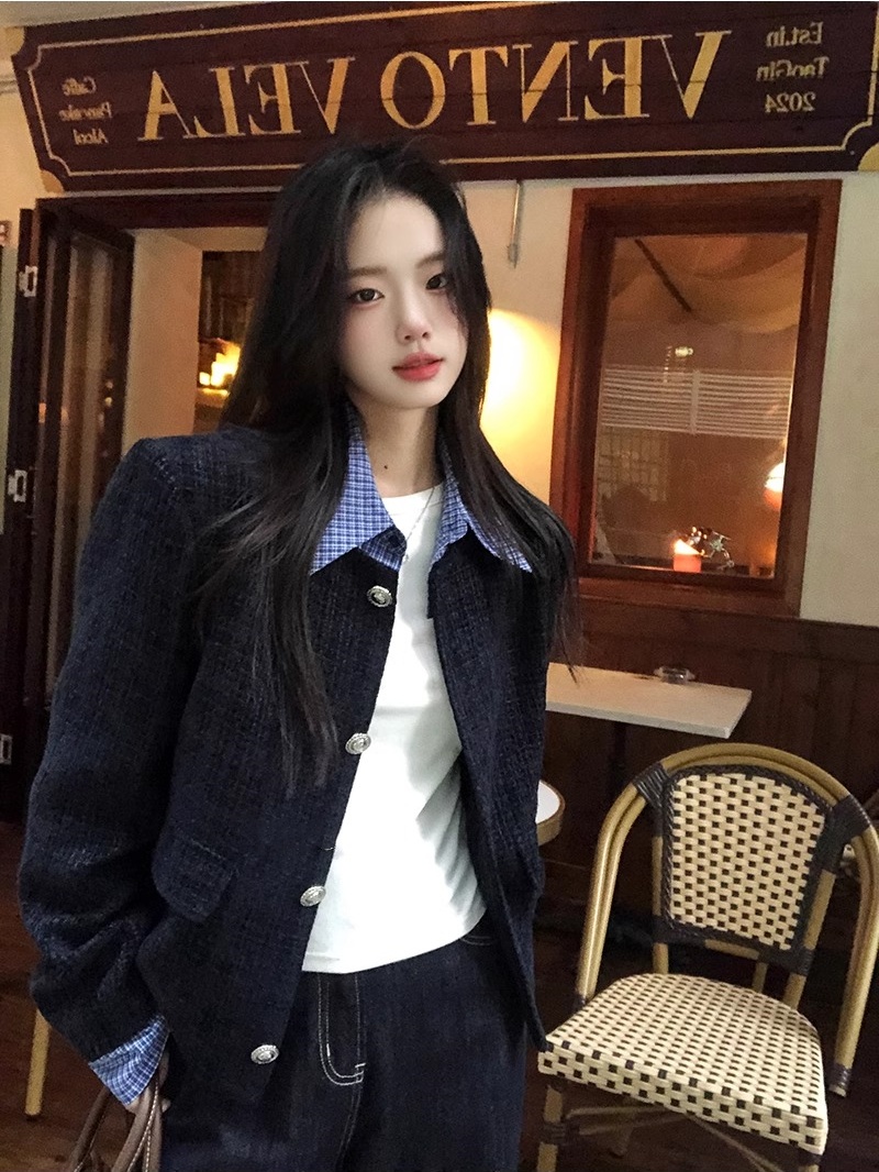 Korean style gentle and slim outfit blue small fragrance style single-breasted design and temperament fake two-piece jacket splicing top