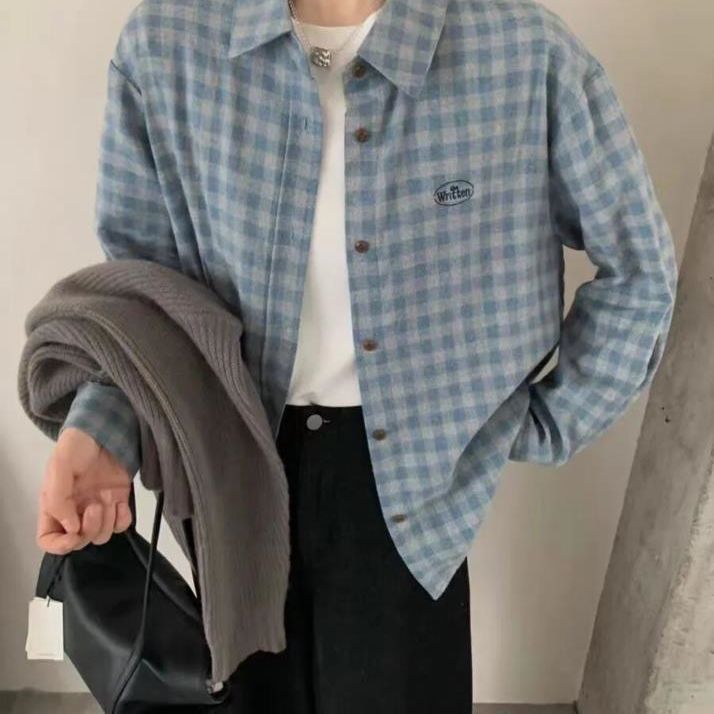Korean blogger style blue and gray color combination soft glutinous grunge lapel embroidery slack long sleeve layered plaid shirt for women