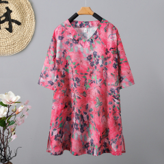 實拍  2025春夏文藝復古苧麻印花襯衫休閒寬鬆V領中長款上衣