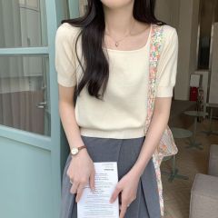 Korean gentle apricot square collar short sleeve sweater for women in summer niche design small short top