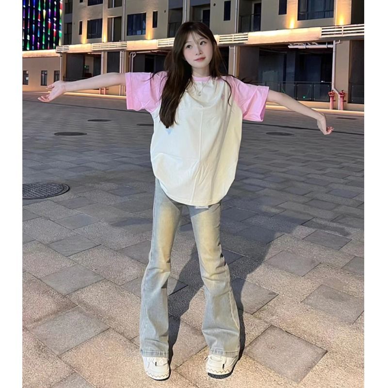 Embroidered pure cotton 210g combed tight back bag 240 catties large size rasp shoulder Hong Kong style T-shirt for women