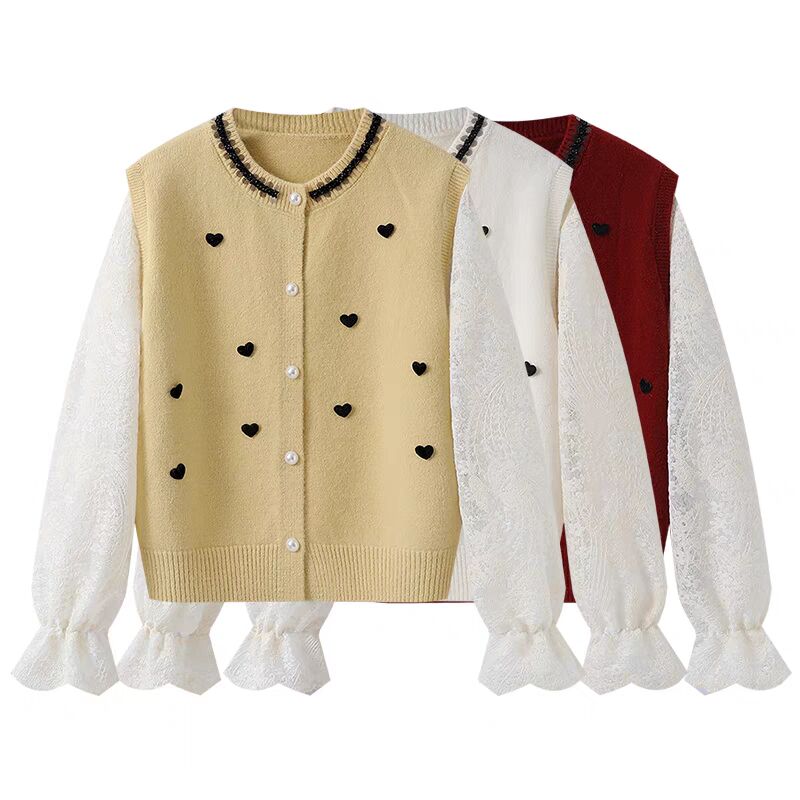 New fashion casual love color-blocking streamer fake two-piece fragrance style age-reducing high-end sweater for women