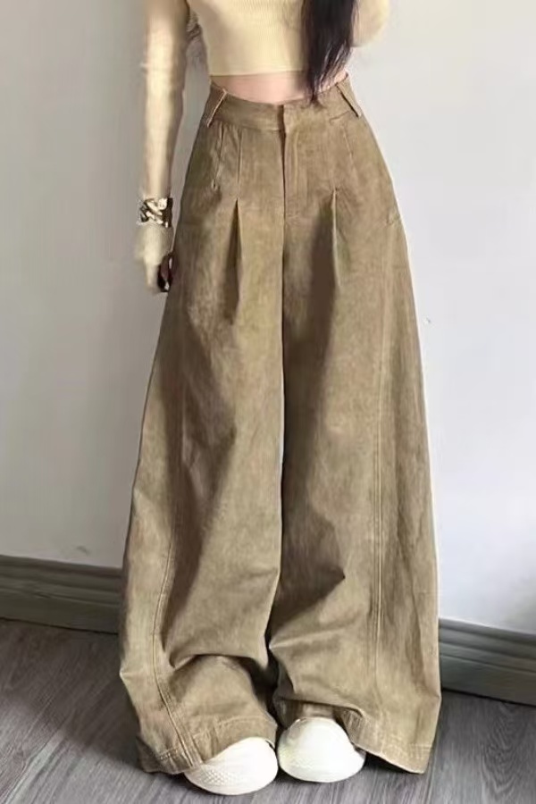 Design American deep khaki retro high waist jeans for women with wide legs loose slim straight floor trousers