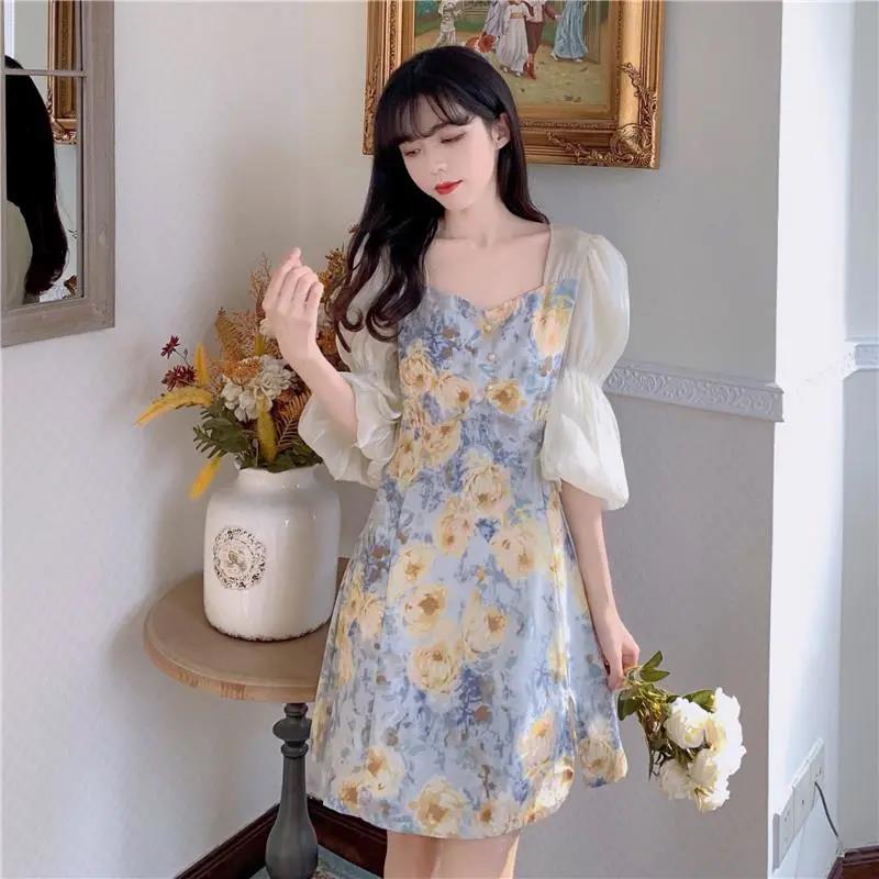 Summer 2025 new sweet floral temperament, mid-length style, waist-hugging and slimming, short-sleeved dress for women