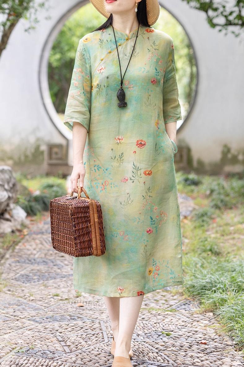 2025 Ramie original design high-end retro cheongsam modified women's literary temperament cotton and linen stand collar dress for women
