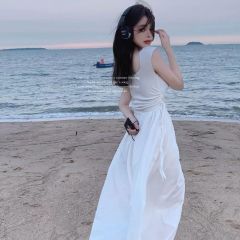 Simple Korean style casual style slim pleated lace-up dress summer beach vacation date small white skirt